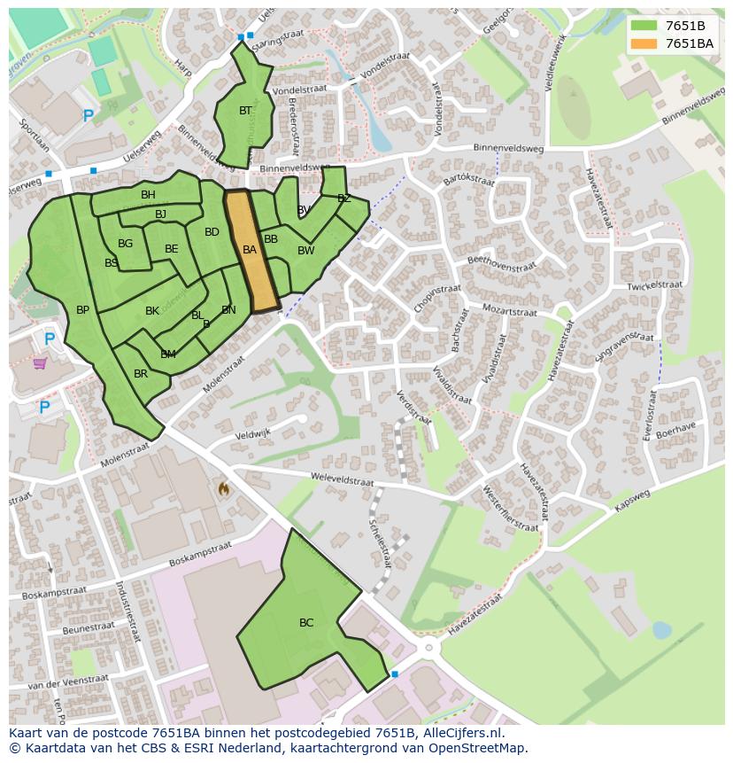Afbeelding van het postcodegebied 7651 BA op de kaart.