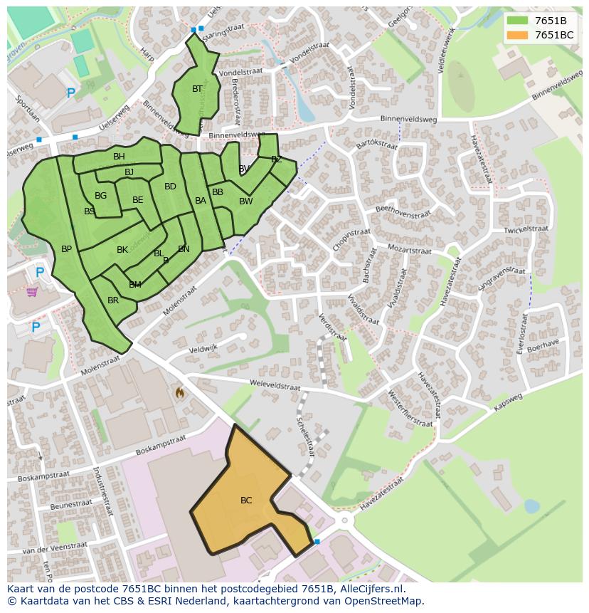 Afbeelding van het postcodegebied 7651 BC op de kaart.