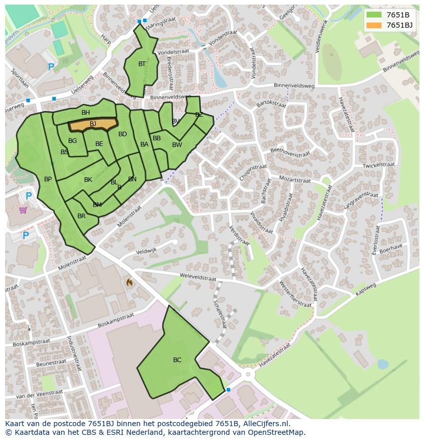 Afbeelding van het postcodegebied 7651 BJ op de kaart.