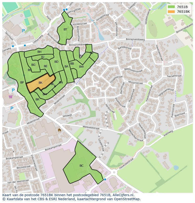 Afbeelding van het postcodegebied 7651 BK op de kaart.
