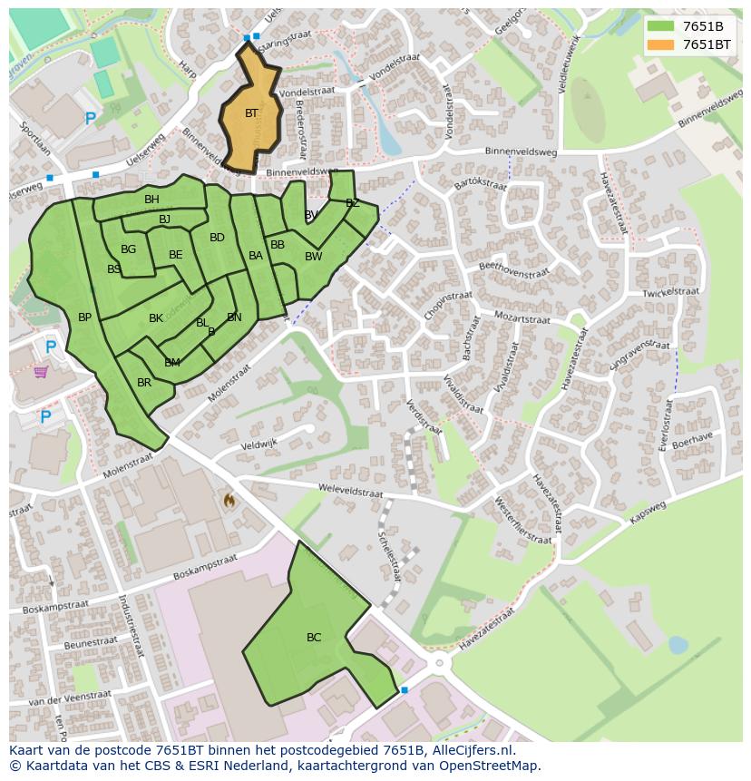 Afbeelding van het postcodegebied 7651 BT op de kaart.