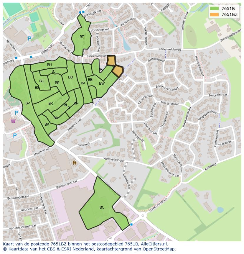 Afbeelding van het postcodegebied 7651 BZ op de kaart.