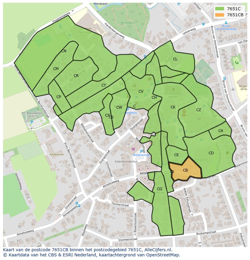 Afbeelding van het postcodegebied 7651 CB op de kaart.