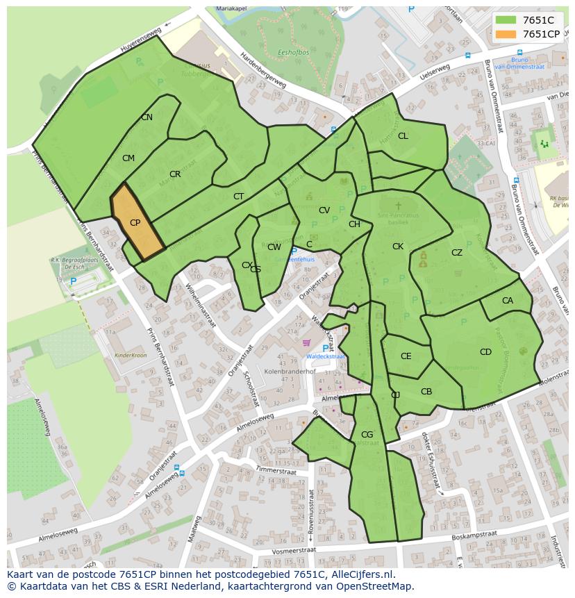 Afbeelding van het postcodegebied 7651 CP op de kaart.