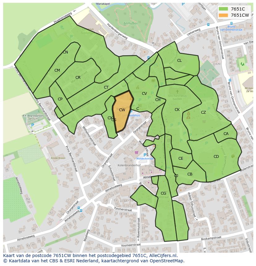 Afbeelding van het postcodegebied 7651 CW op de kaart.