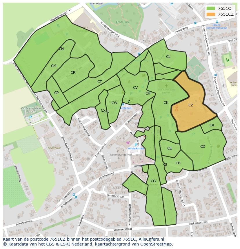 Afbeelding van het postcodegebied 7651 CZ op de kaart.
