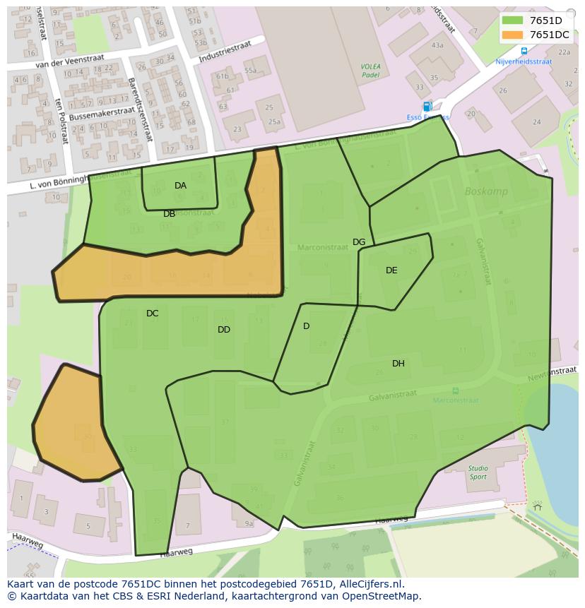 Afbeelding van het postcodegebied 7651 DC op de kaart.