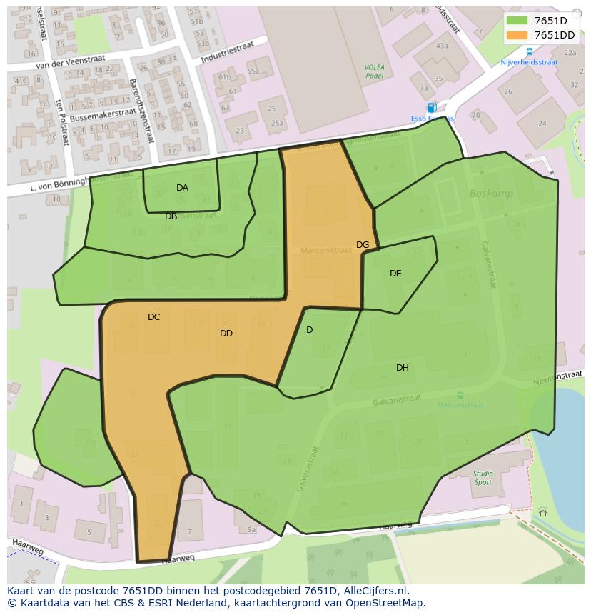 Afbeelding van het postcodegebied 7651 DD op de kaart.