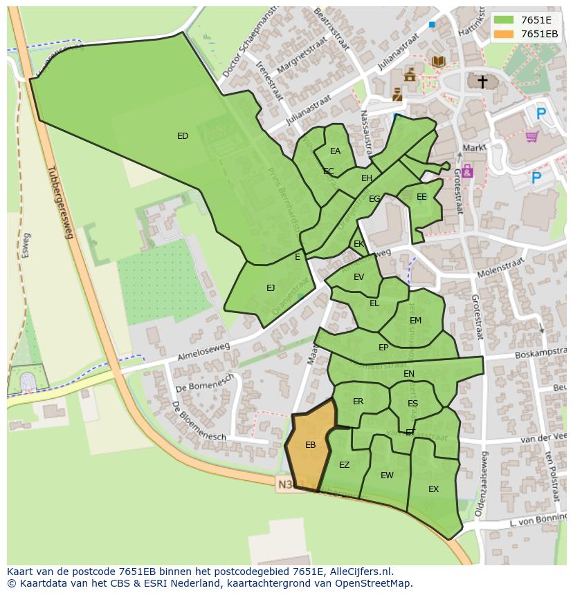 Afbeelding van het postcodegebied 7651 EB op de kaart.