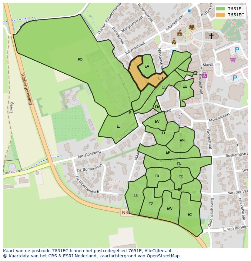 Afbeelding van het postcodegebied 7651 EC op de kaart.