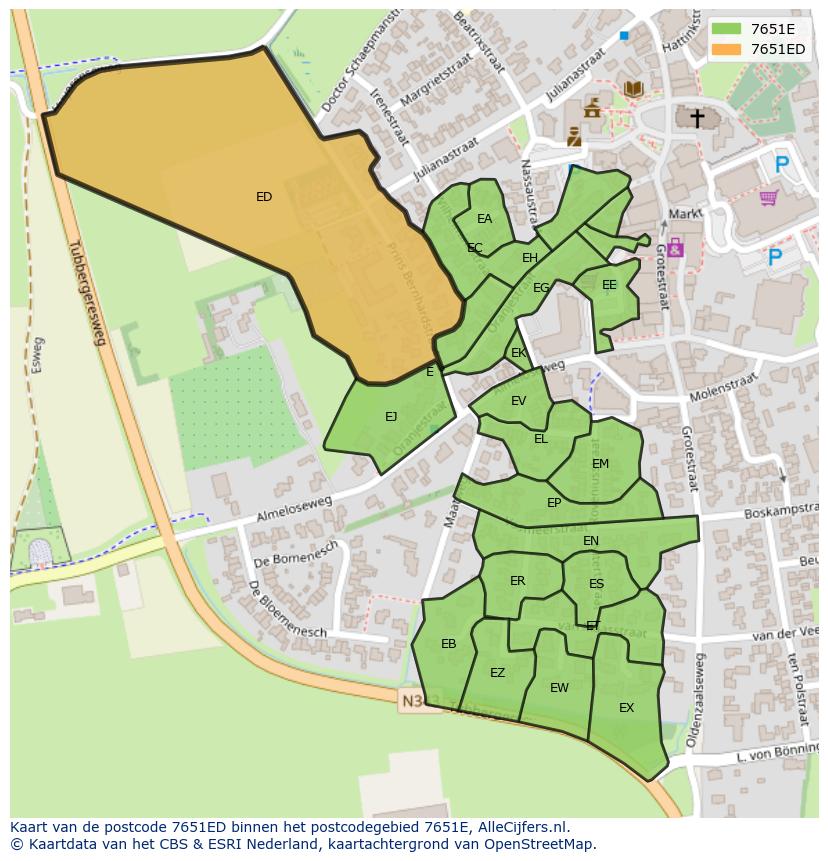 Afbeelding van het postcodegebied 7651 ED op de kaart.