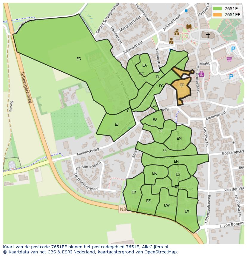 Afbeelding van het postcodegebied 7651 EE op de kaart.