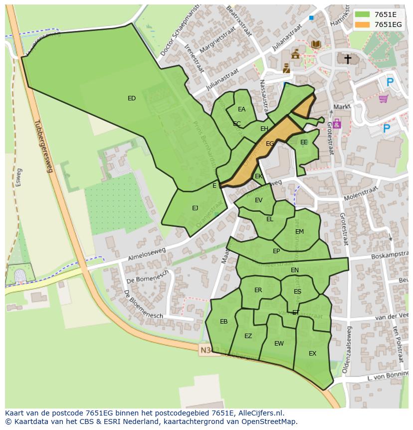 Afbeelding van het postcodegebied 7651 EG op de kaart.