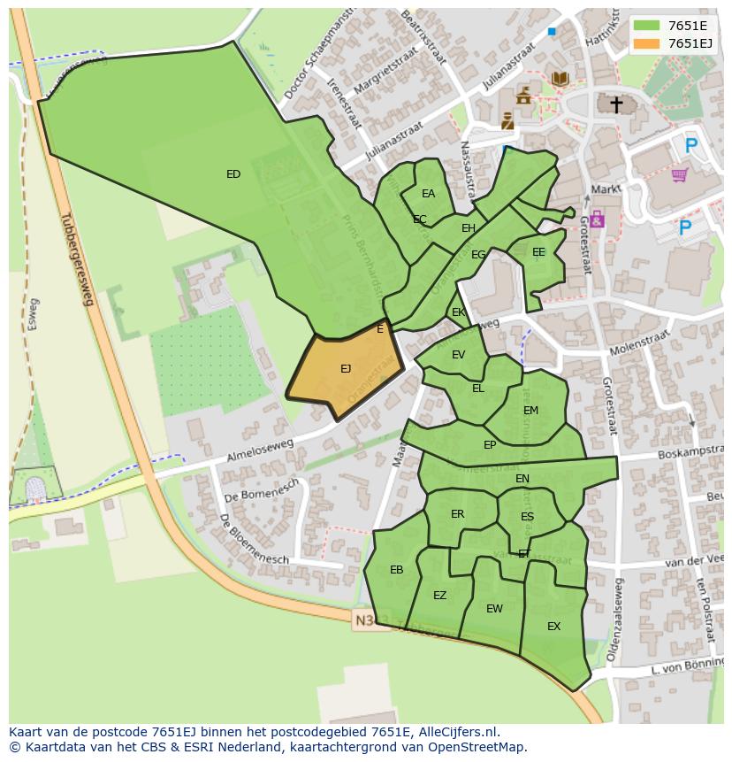 Afbeelding van het postcodegebied 7651 EJ op de kaart.
