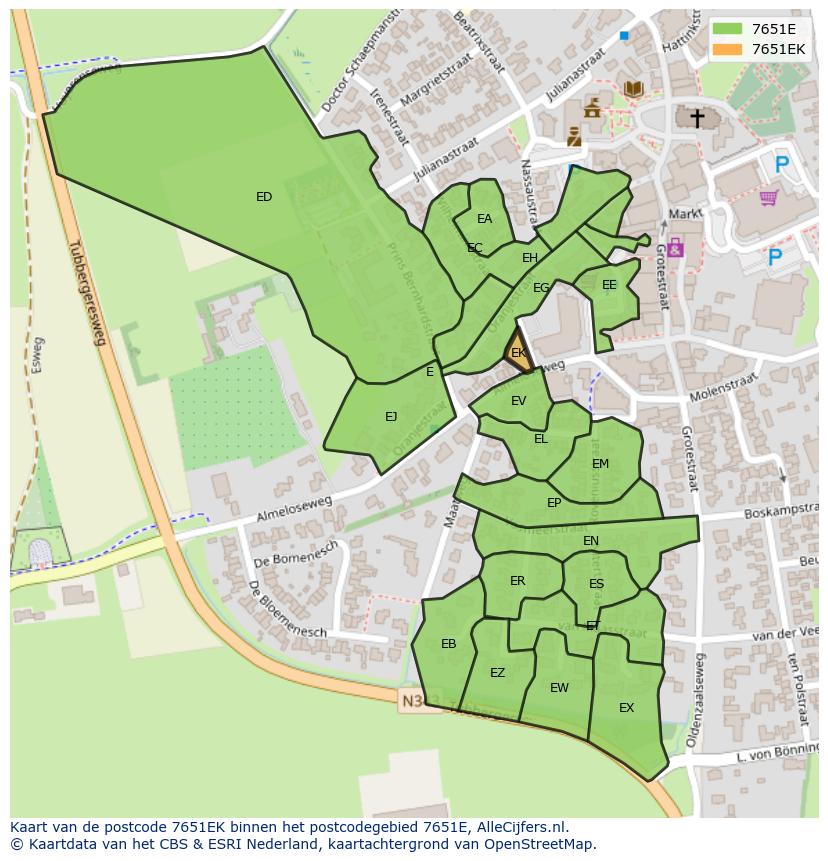 Afbeelding van het postcodegebied 7651 EK op de kaart.