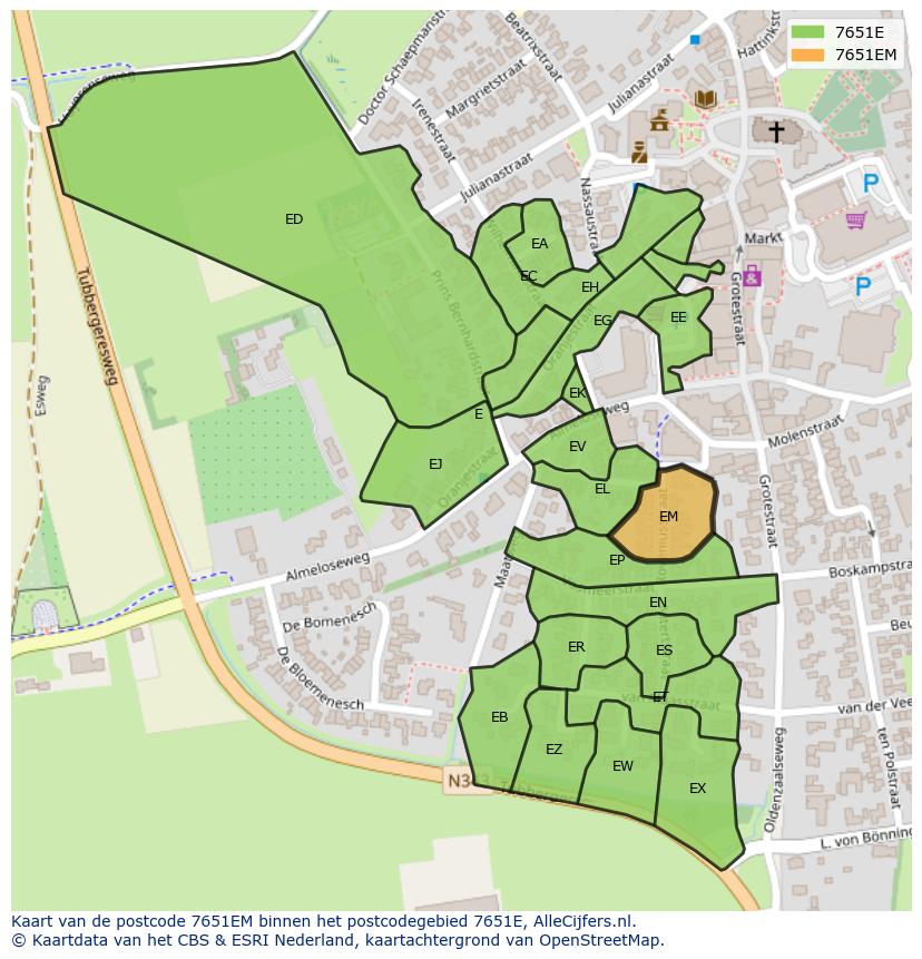 Afbeelding van het postcodegebied 7651 EM op de kaart.