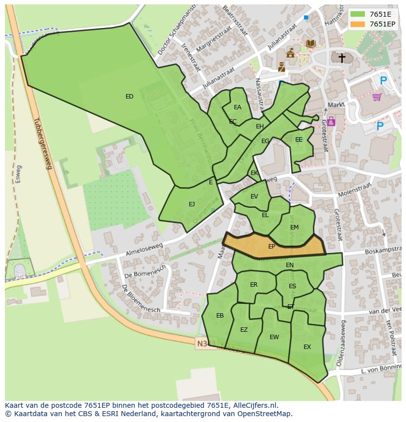 Afbeelding van het postcodegebied 7651 EP op de kaart.
