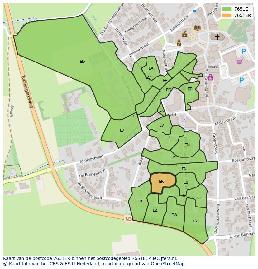 Afbeelding van het postcodegebied 7651 ER op de kaart.
