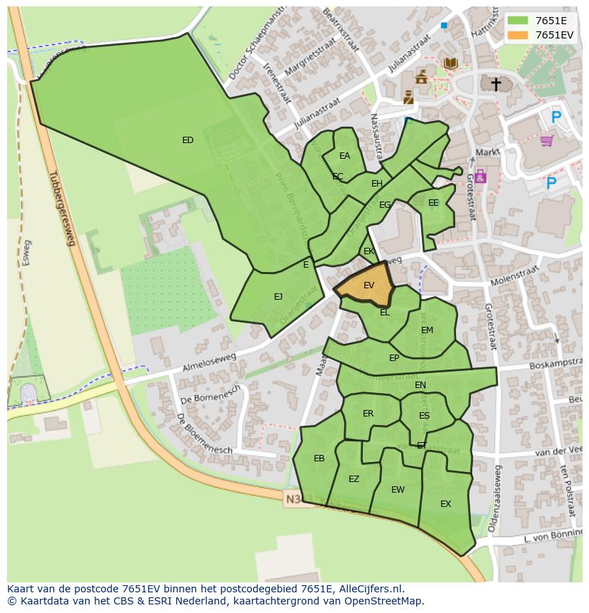 Afbeelding van het postcodegebied 7651 EV op de kaart.