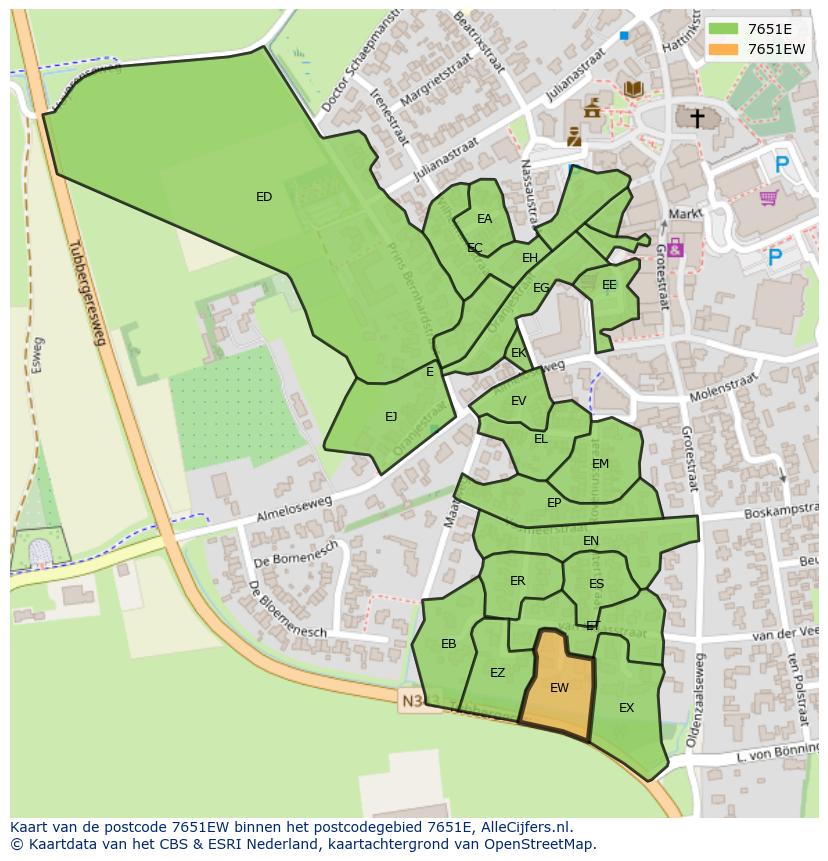 Afbeelding van het postcodegebied 7651 EW op de kaart.