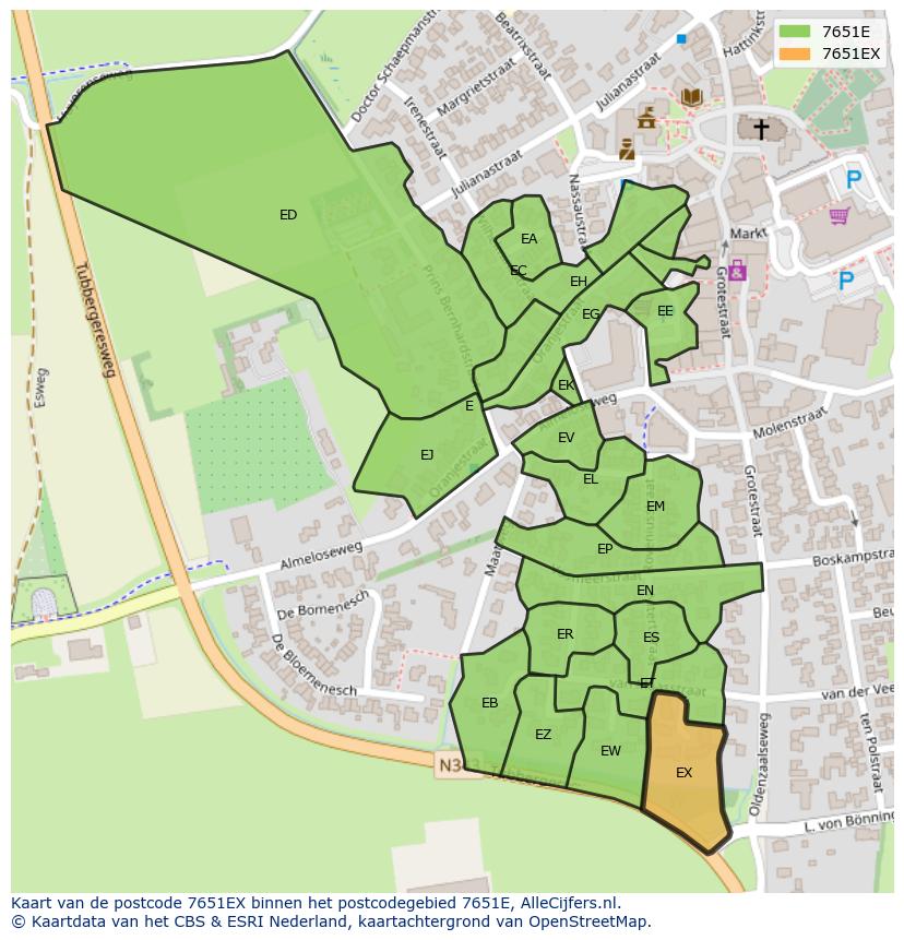 Afbeelding van het postcodegebied 7651 EX op de kaart.