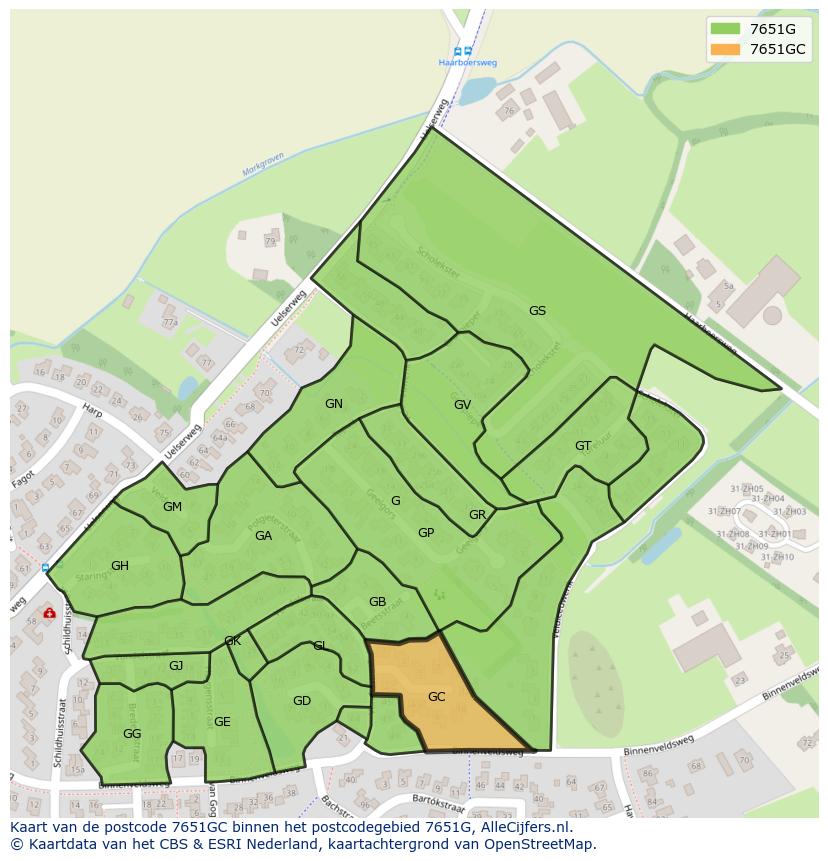 Afbeelding van het postcodegebied 7651 GC op de kaart.