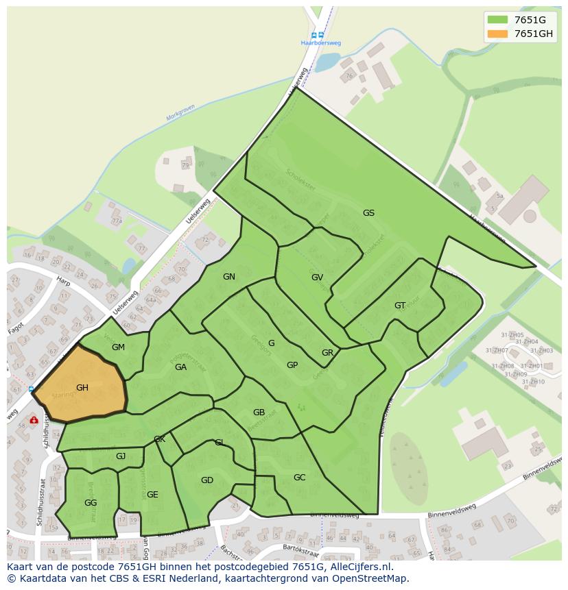 Afbeelding van het postcodegebied 7651 GH op de kaart.