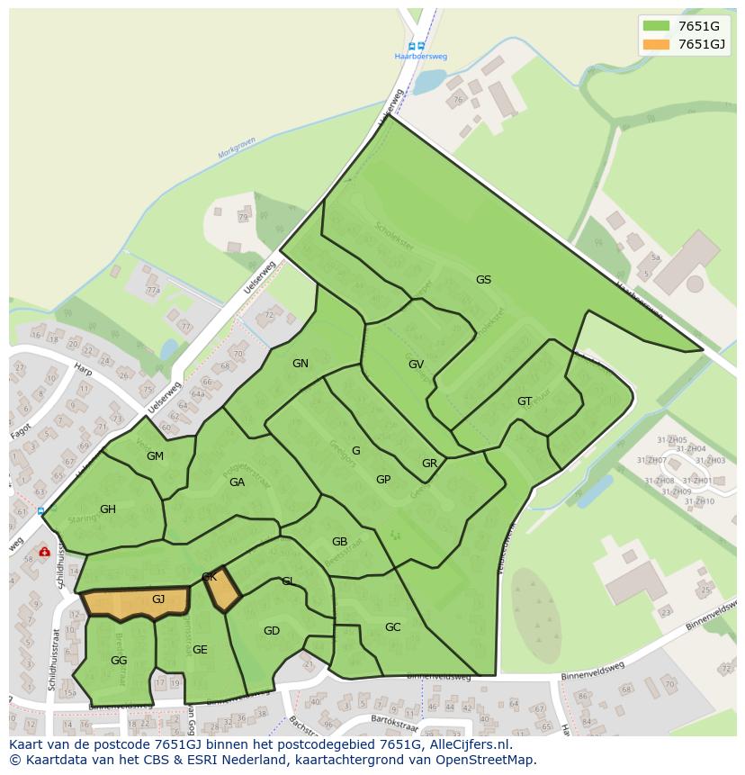 Afbeelding van het postcodegebied 7651 GJ op de kaart.