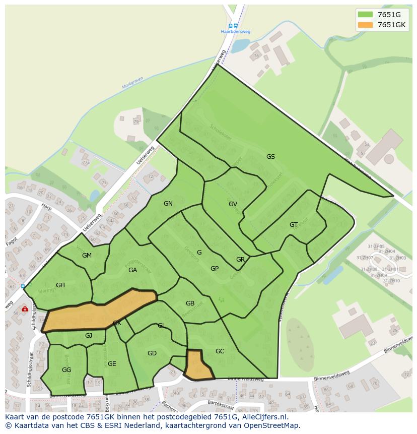 Afbeelding van het postcodegebied 7651 GK op de kaart.