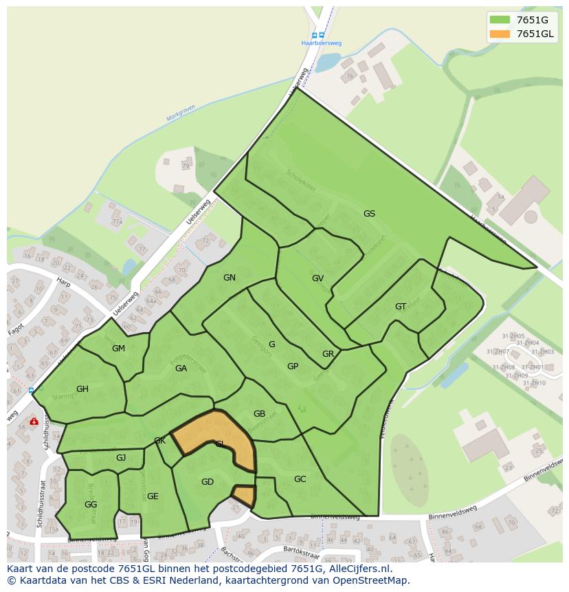 Afbeelding van het postcodegebied 7651 GL op de kaart.