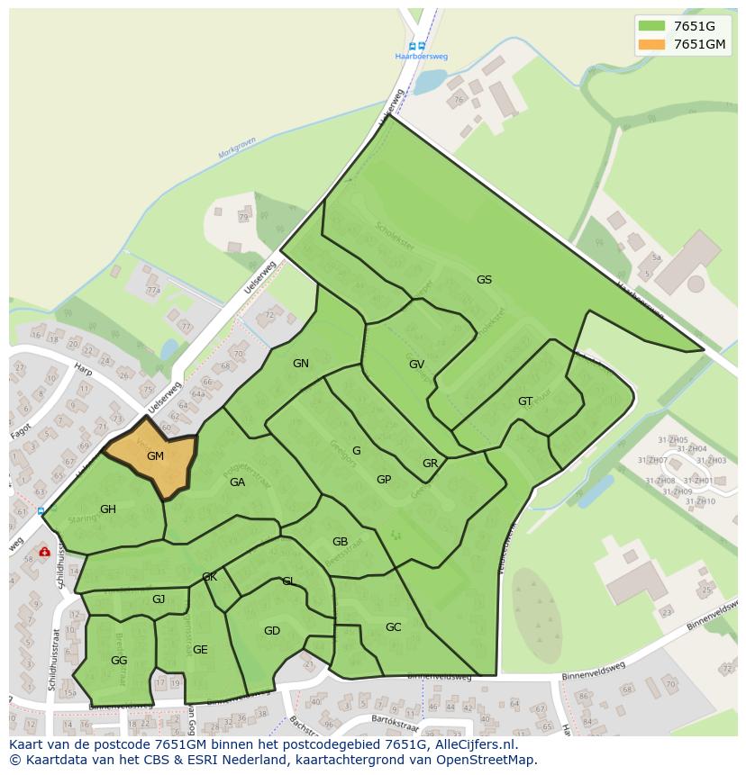 Afbeelding van het postcodegebied 7651 GM op de kaart.
