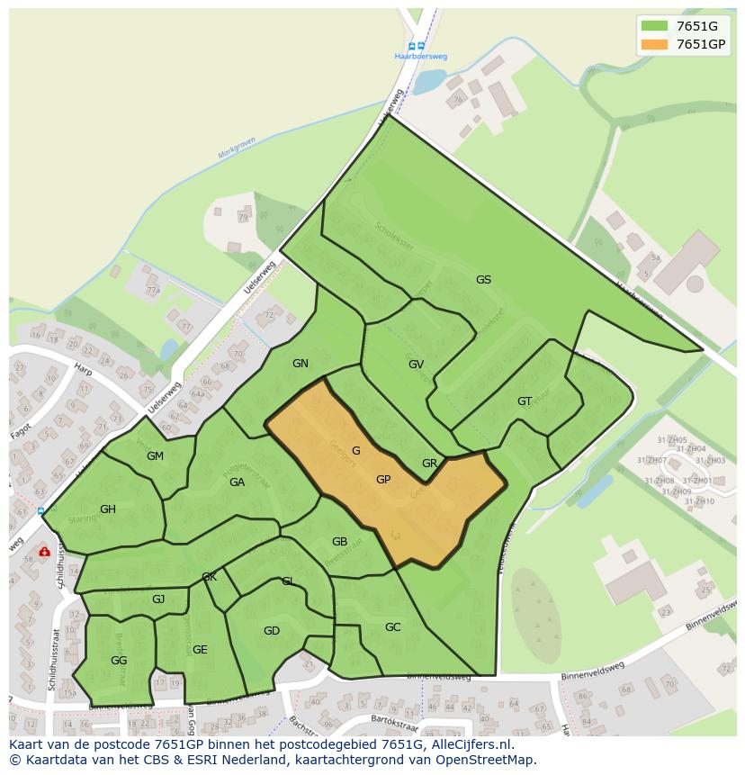 Afbeelding van het postcodegebied 7651 GP op de kaart.