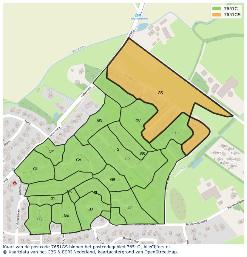 Afbeelding van het postcodegebied 7651 GS op de kaart.