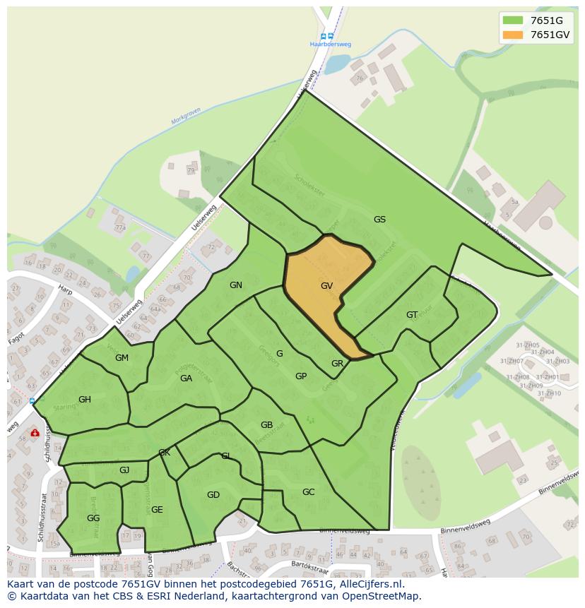 Afbeelding van het postcodegebied 7651 GV op de kaart.