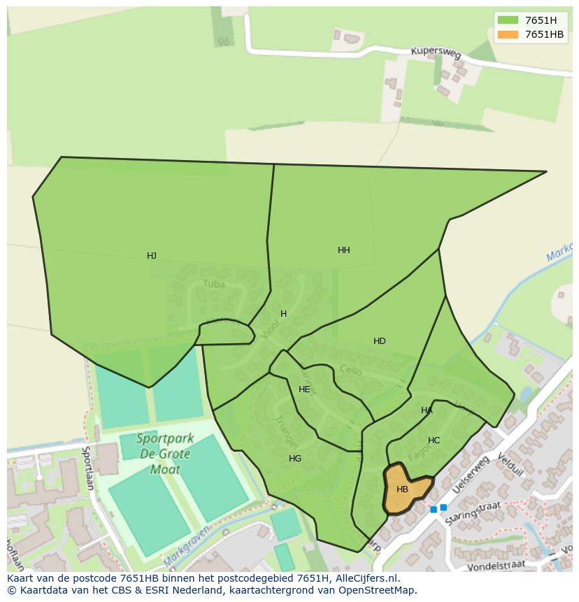 Afbeelding van het postcodegebied 7651 HB op de kaart.