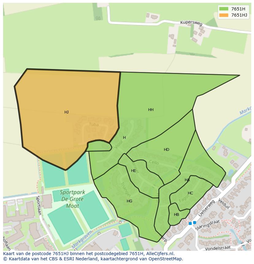 Afbeelding van het postcodegebied 7651 HJ op de kaart.