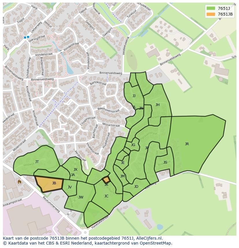 Afbeelding van het postcodegebied 7651 JB op de kaart.
