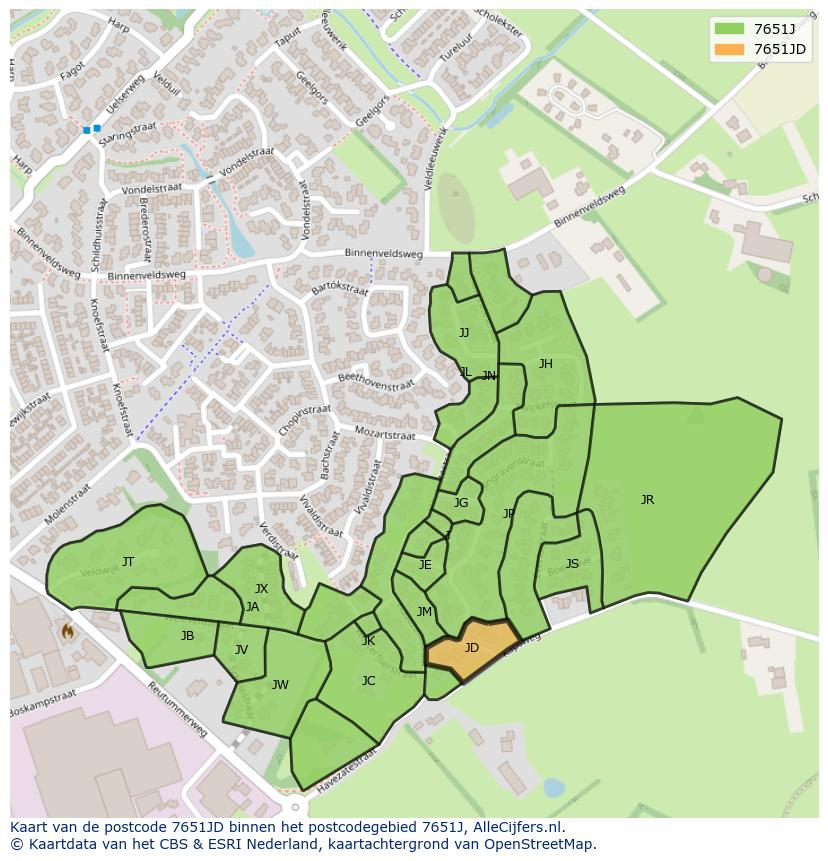 Afbeelding van het postcodegebied 7651 JD op de kaart.