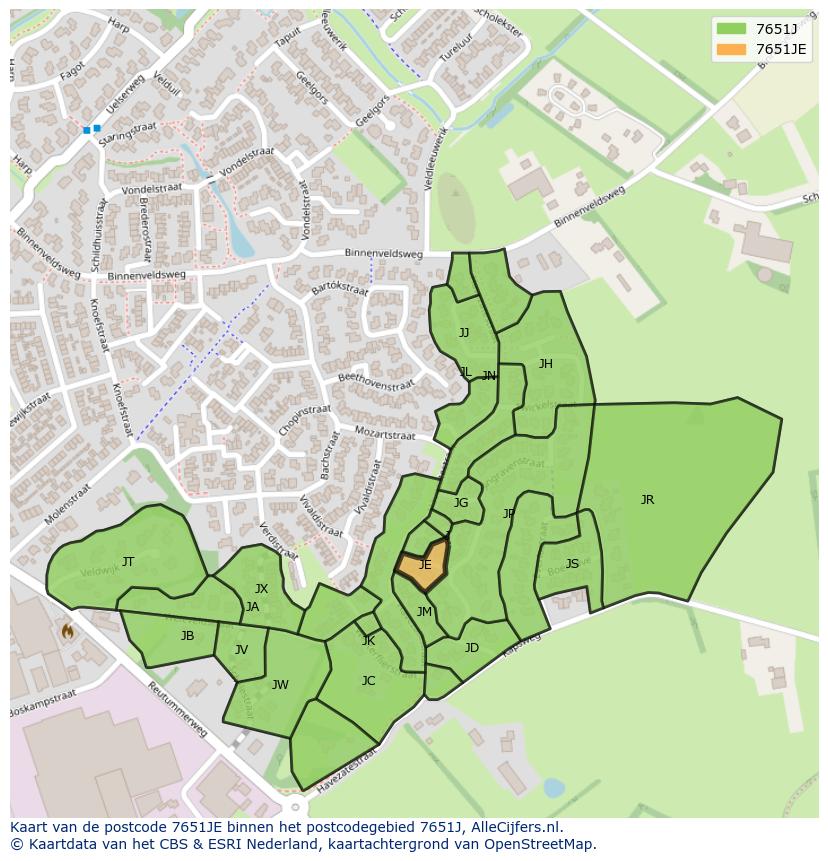 Afbeelding van het postcodegebied 7651 JE op de kaart.