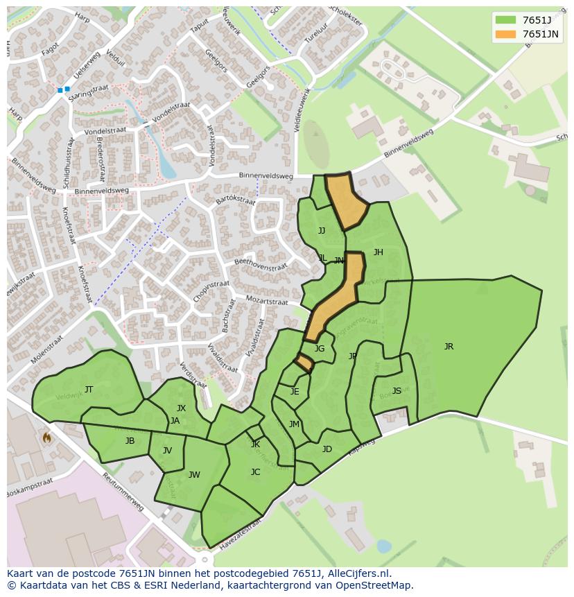 Afbeelding van het postcodegebied 7651 JN op de kaart.