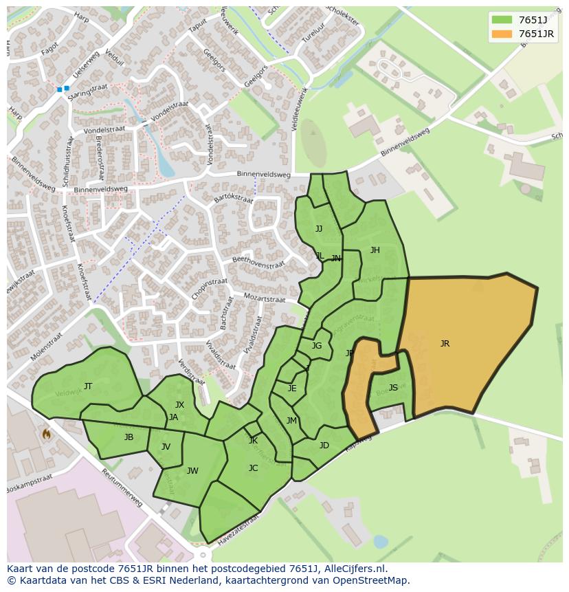 Afbeelding van het postcodegebied 7651 JR op de kaart.