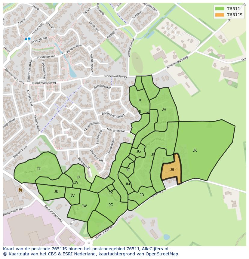 Afbeelding van het postcodegebied 7651 JS op de kaart.