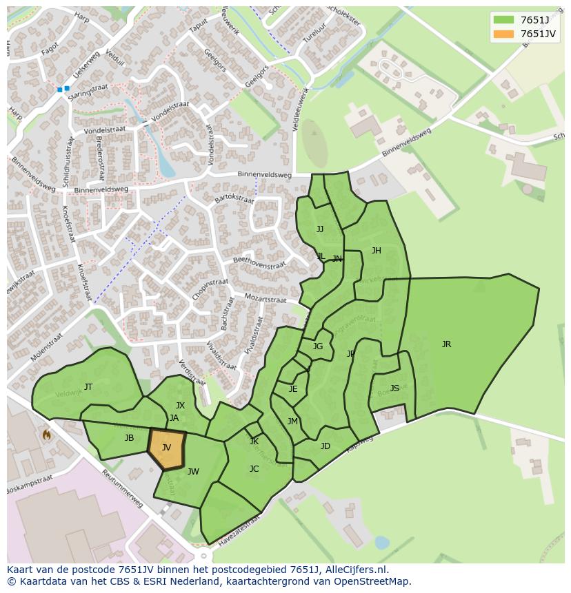 Afbeelding van het postcodegebied 7651 JV op de kaart.