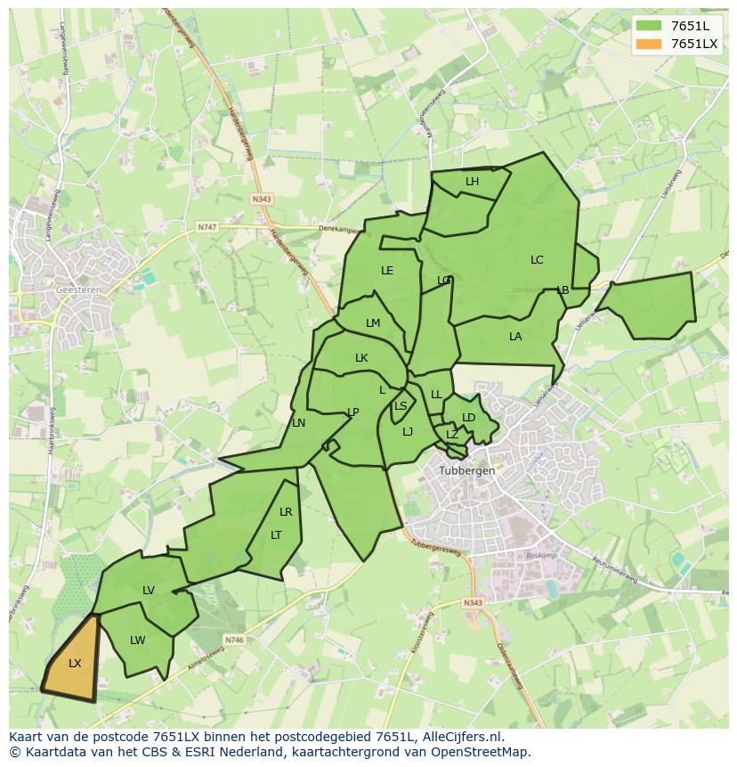 Afbeelding van het postcodegebied 7651 LX op de kaart.