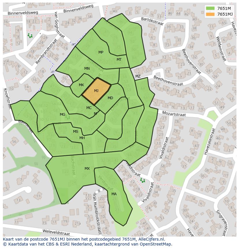 Afbeelding van het postcodegebied 7651 MJ op de kaart.
