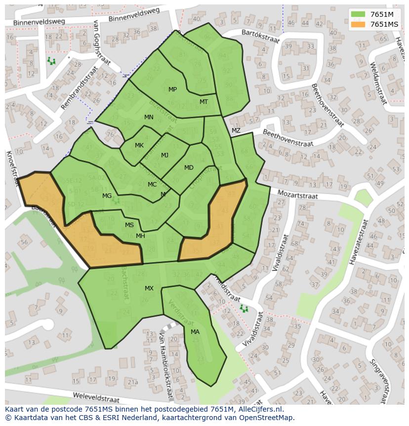 Afbeelding van het postcodegebied 7651 MS op de kaart.