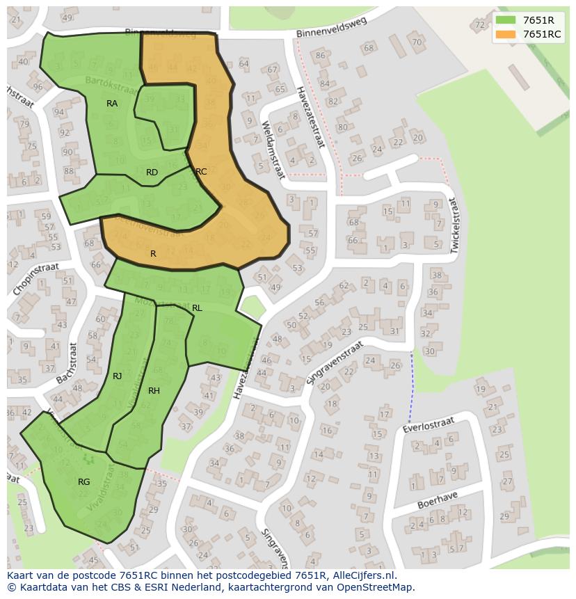 Afbeelding van het postcodegebied 7651 RC op de kaart.