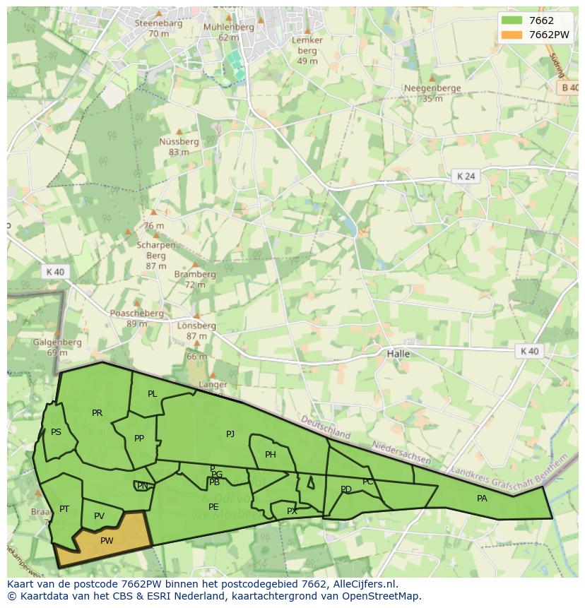 Afbeelding van het postcodegebied 7662 PW op de kaart.