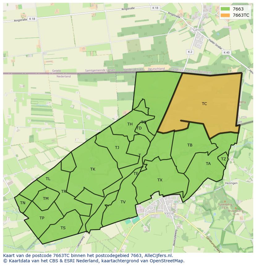 Afbeelding van het postcodegebied 7663 TC op de kaart.
