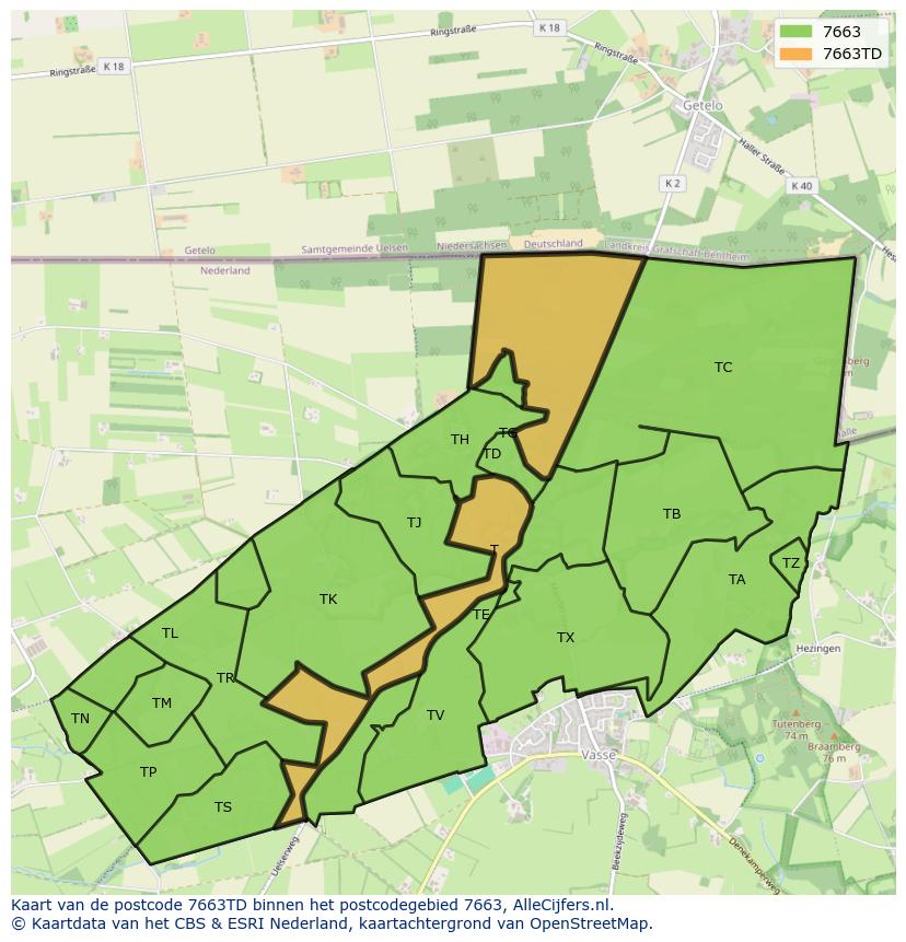Afbeelding van het postcodegebied 7663 TD op de kaart.